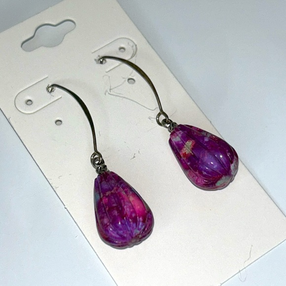 Genuine Purple Turquoise Gemstone & Sterling Silver Designer Earrings - Picture 1 of 8
